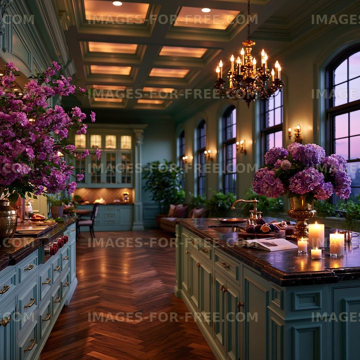 Elegant kitchen with flowers and warm lighting at sunset