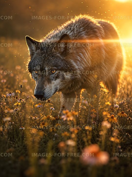 Wolf walking through field during sunset