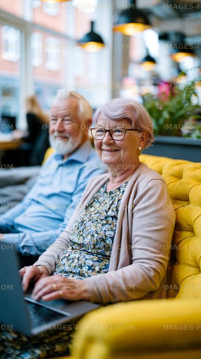 Elderly couple sitting together in a cafe enjoying their time