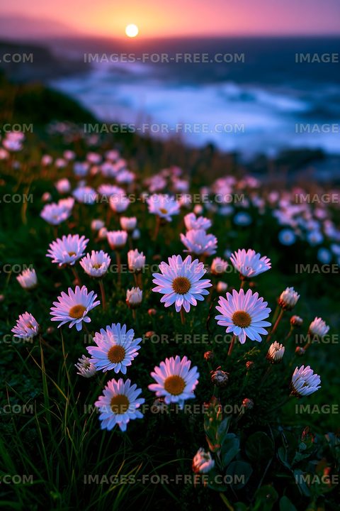 Sunset over a field of white flowers by the ocean