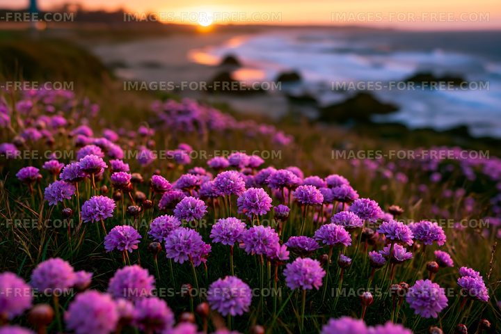 Purple flowers on a coastal cliff at sunset