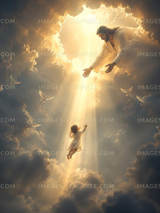 Divine connection of a child reaching towards a figure in clouds