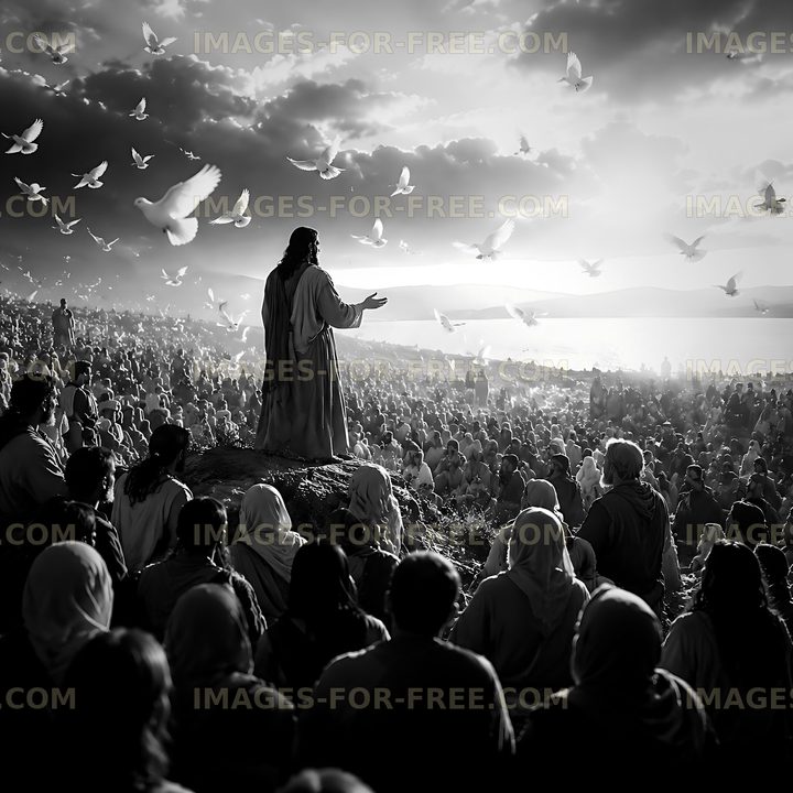 Crowd listens to a figure speaking outdoors by the water