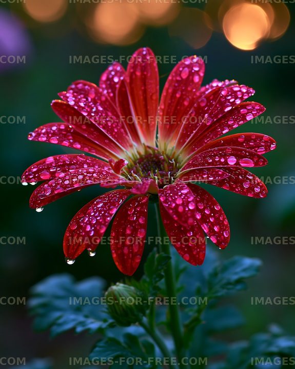 Bright red flower with water droplets in garden