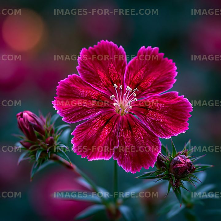 Bright red flower with buds in a garden setting