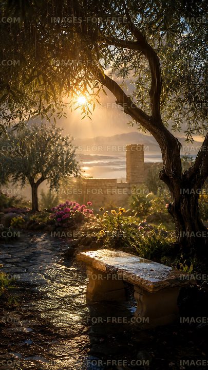 Sunrise through trees in a garden with wet stone path