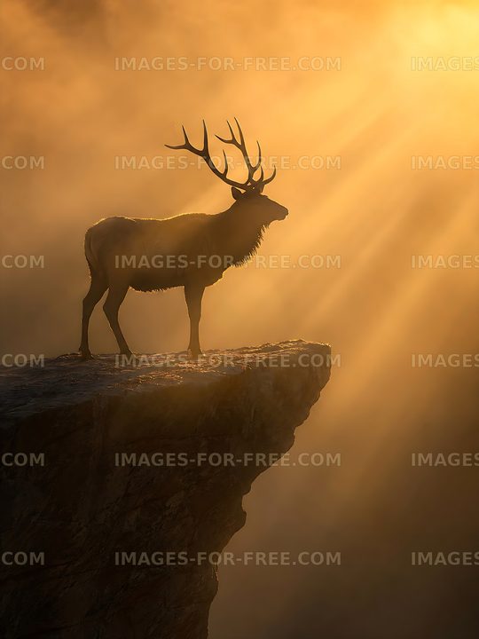 Stag standing on cliff at sunset surrounded by mist