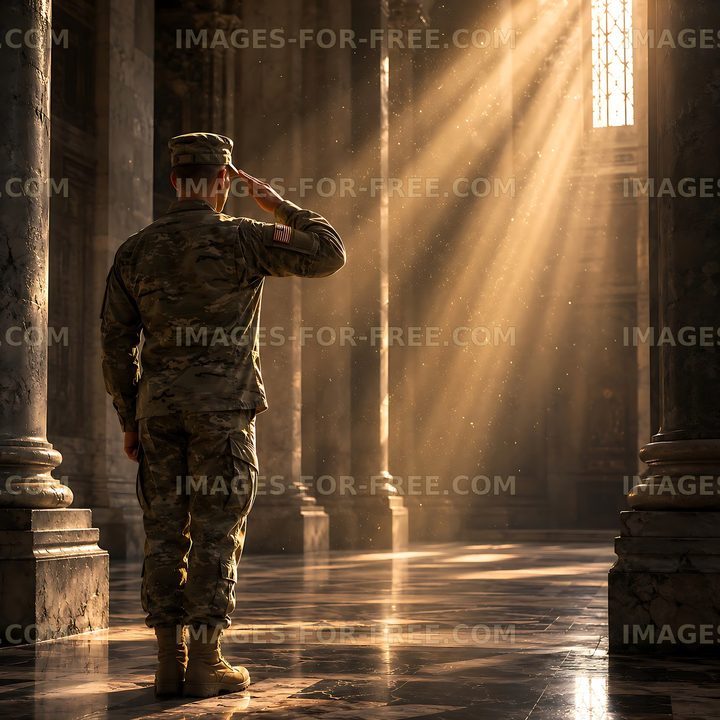 Soldier saluting in a historic building with sunlight beams
