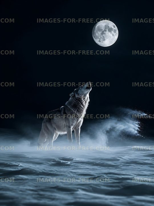 Wolf howling at full moon in a snowy landscape
