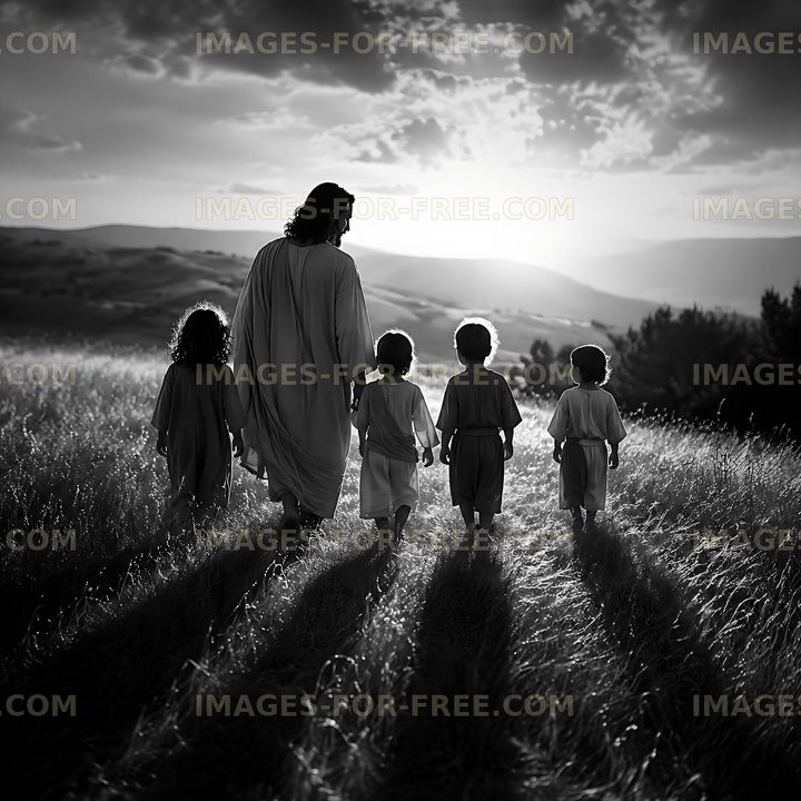 Walking together in a field at sunset