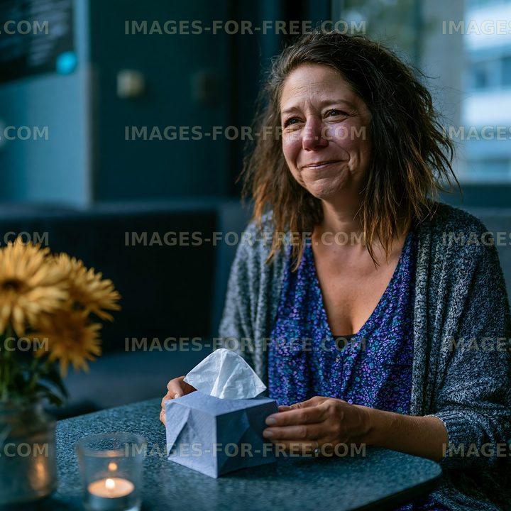 Woman smiling while folding paper in a cafe