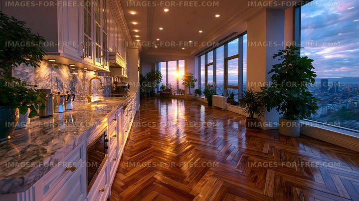 Modern kitchen with sunset view in high-rise apartment