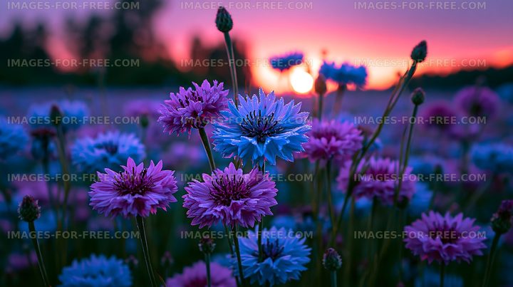 Colorful flowers at sunset in a field