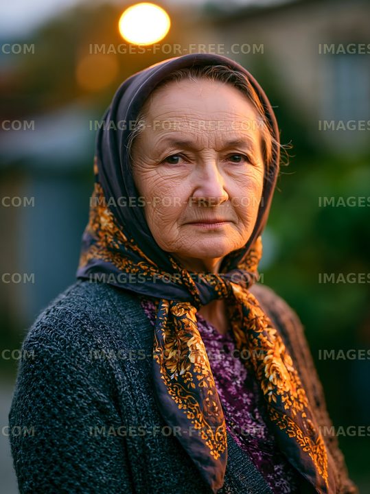 Elderly woman in a headscarf standing outdoors during twilight