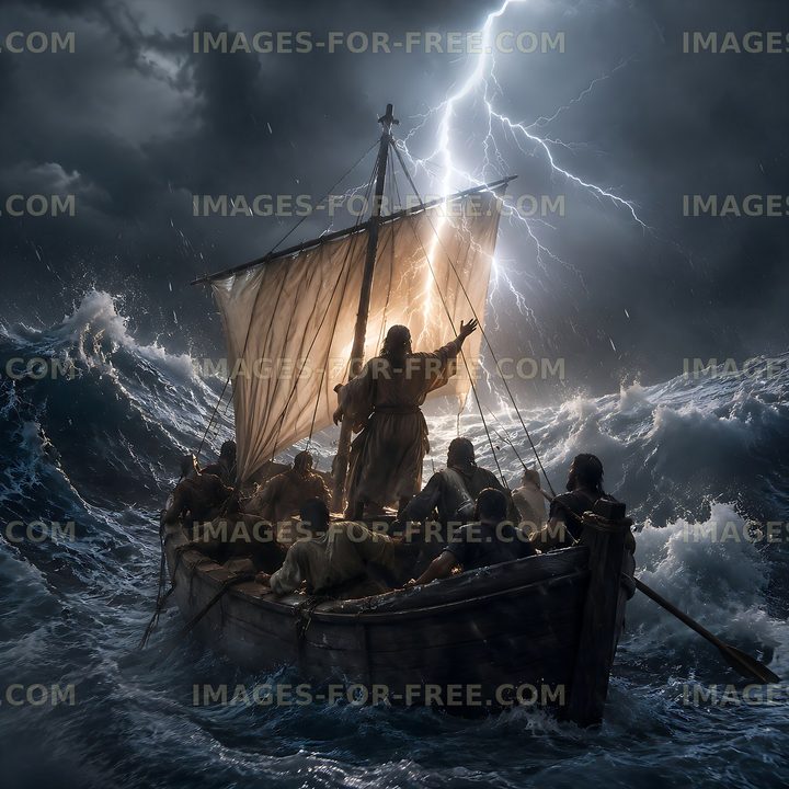 Stormy sea with sailors on a wooden boat navigating waves