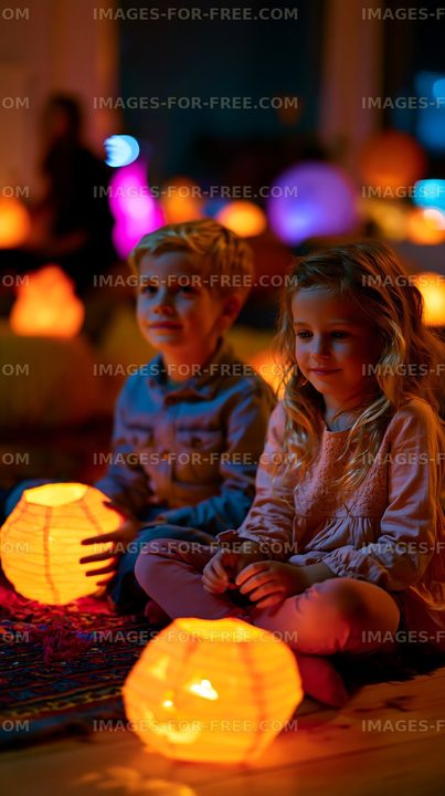 Children enjoying lanterns at indoor event