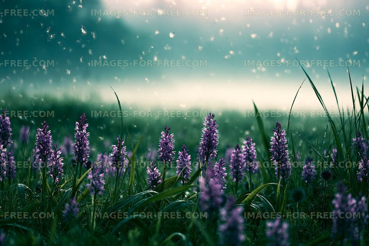 Violet flowers bloom in a misty field during light rain