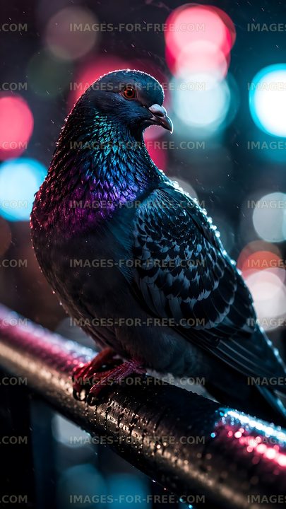 Pigeon perched on railing with colorful city lights in background