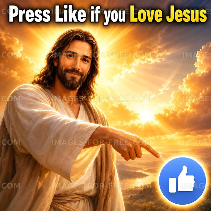 Jesus pointing with a thumbs up against bright clouds