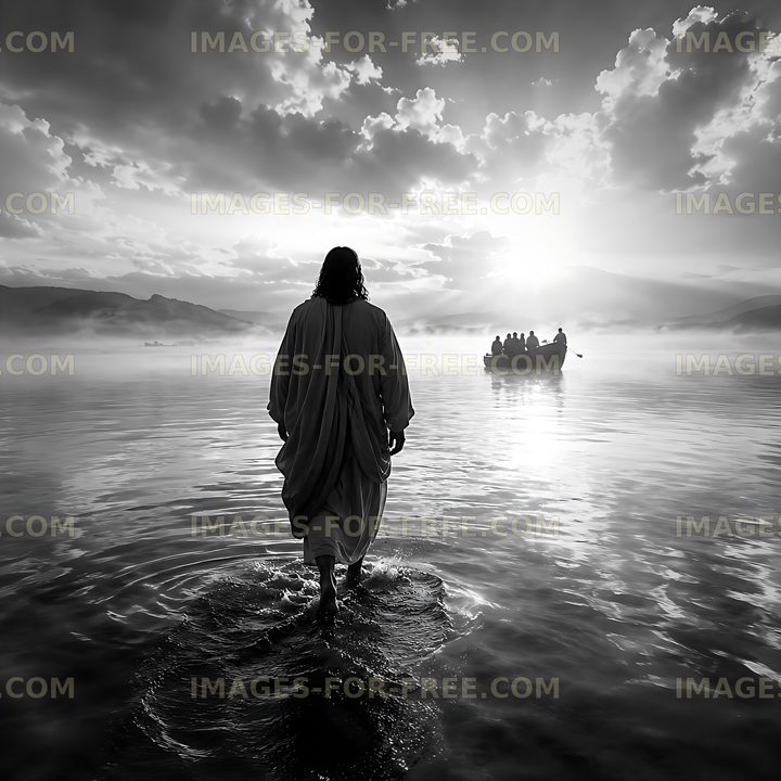Walking on water at sunrise with a boat in the distance