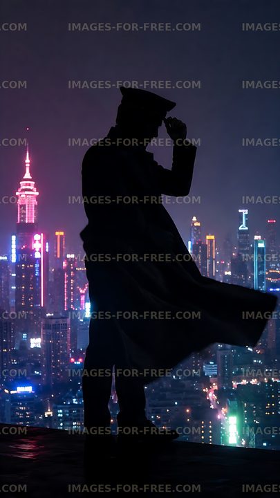 Silhouette of person in uniform overlooking city skyline at night