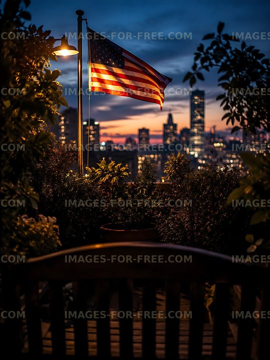 City skyline view with US flag at sunset
