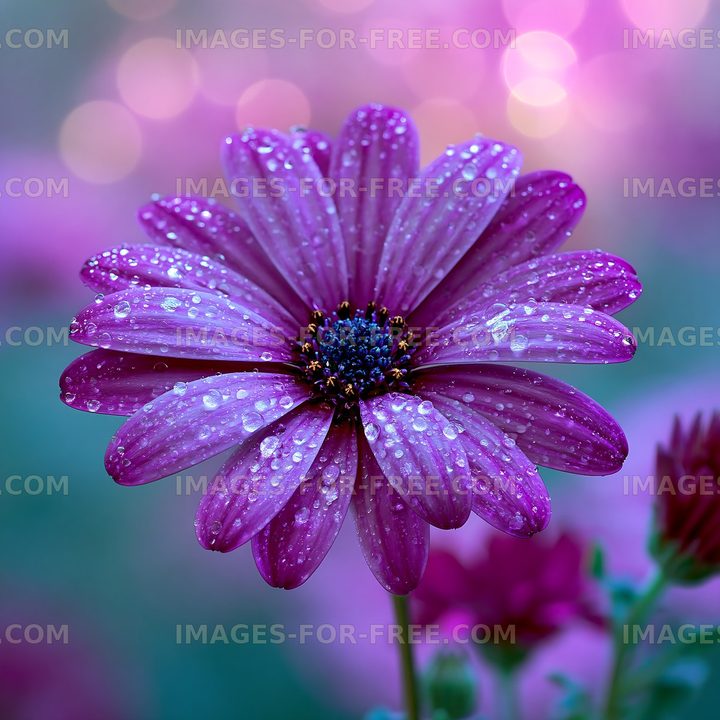 Purple flower with water droplets against a soft background