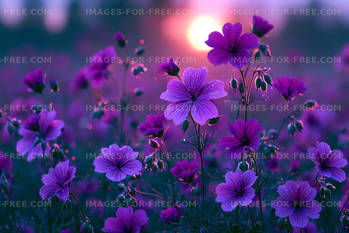Purple flowers blooming at sunset in a field