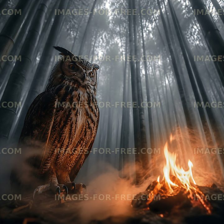 Owl stands near fire in bamboo forest at night