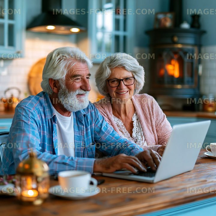 Elderly couple working on a laptop in a cozy kitchen