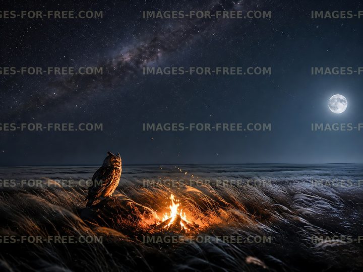 Owl sitting by fire under night sky with stars and moon