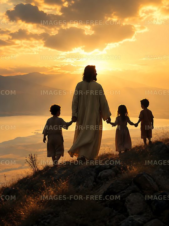 Walking on the hillside at sunset with children