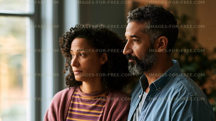 Couple in thoughtful moment by window in cozy indoor setting