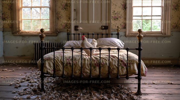 Bed with chicken and feathers in old, abandoned room