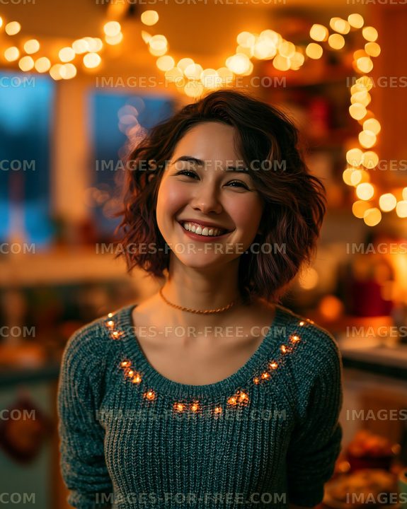 Woman smiling with fairy lights in cozy kitchen setting