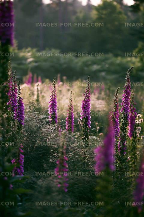 Field of purple flowers in sunlight during summer