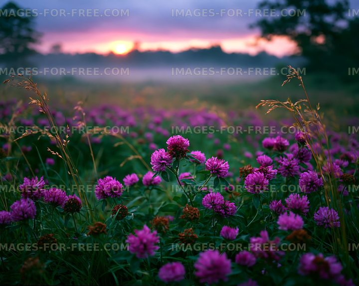 Sunrise over a field of purple clover flowers