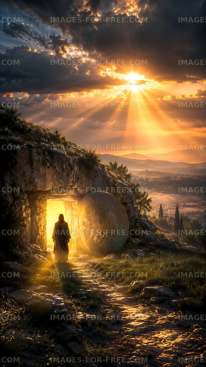 Light emerging from a tomb at sunrise with a figure walking