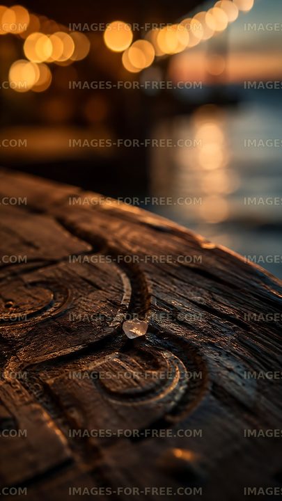 Wooden table with decorative carving and lights in the background