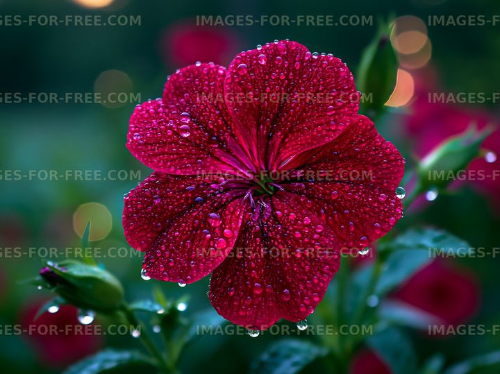 Vibrant red flower with drops of water in a garden setting