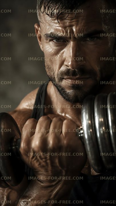 Muscle man lifting dumbbell during workout session