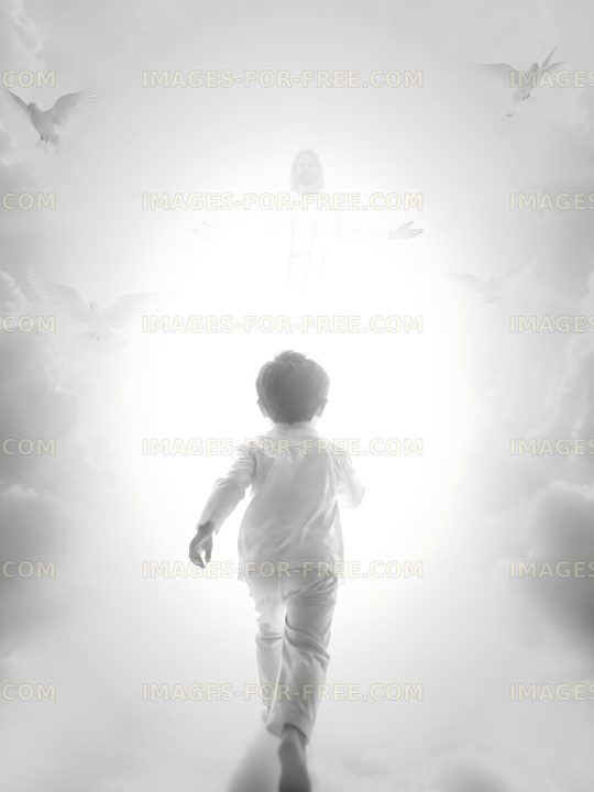 Child running towards light in a cloudy atmosphere