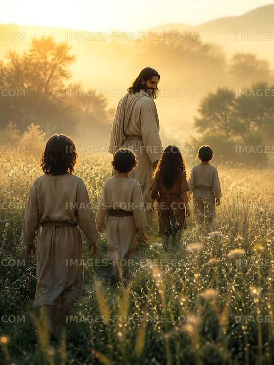 Walking in the sunlight with children in a grassy field