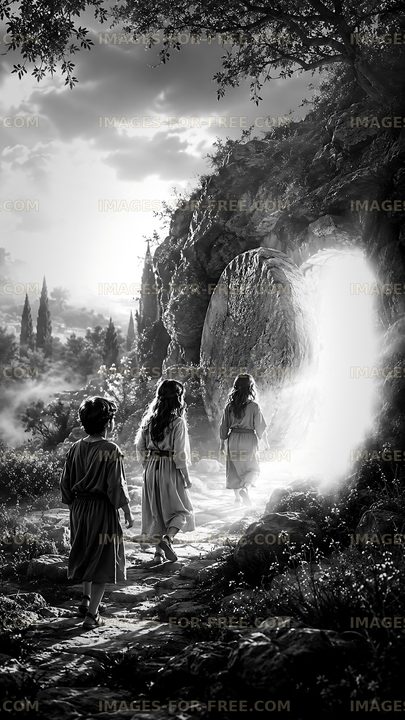 Children walking towards a glowing entrance on a rocky path