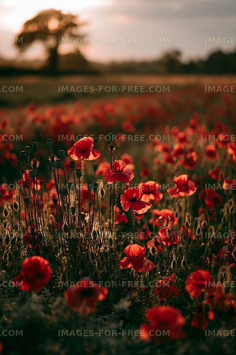 Poppy flowers blooming in a field during sunset