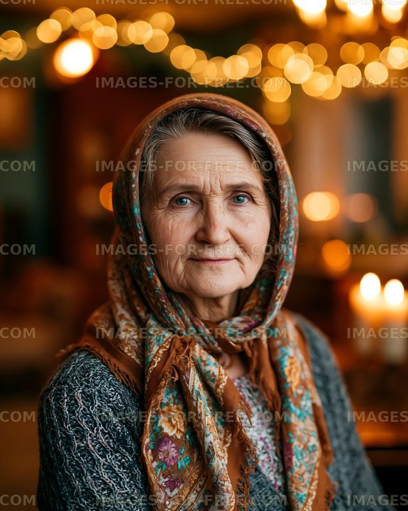 Elderly woman with a headscarf in a cozy indoor setting