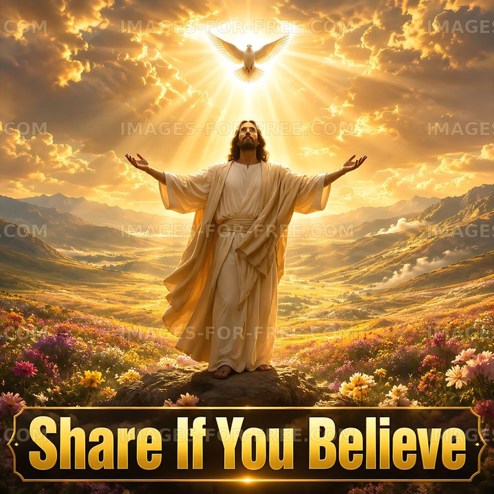 Jesus with open arms in mountainous landscape at sunset