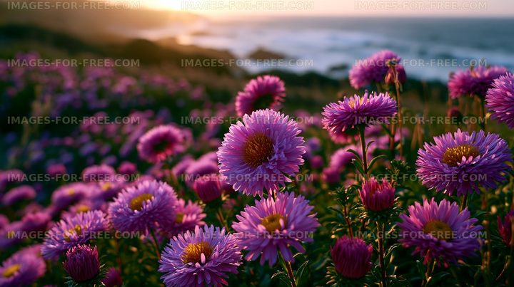 Purple flowers bloom near the ocean at sunset