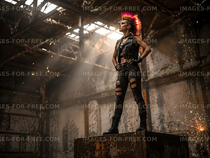 Confident woman with mohawk in industrial setting