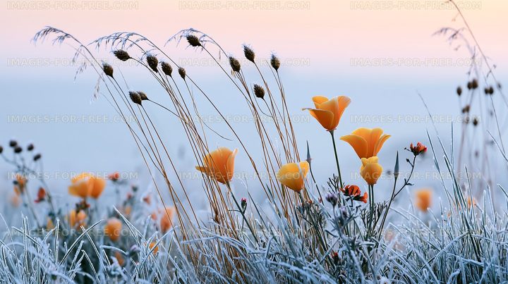 Frost-covered flowers and grass in the early morning light